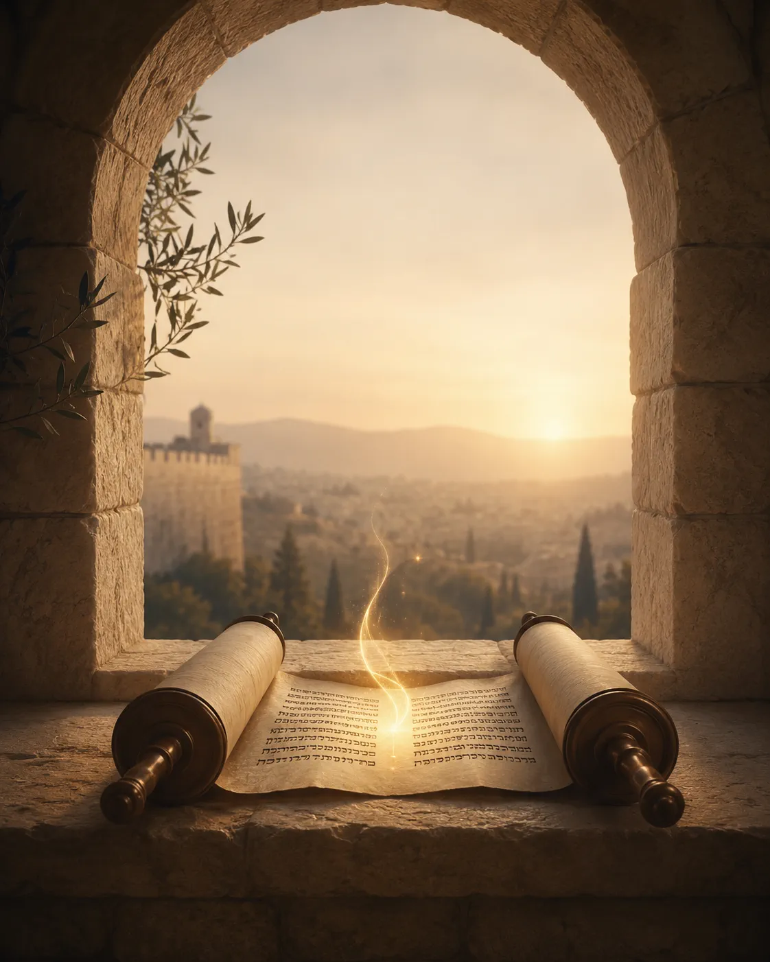 An open Torah scroll on a stone windowsill, a spark of light rising from its Hebrew letters, an arched window looking out over Jerusalem at sunrise.