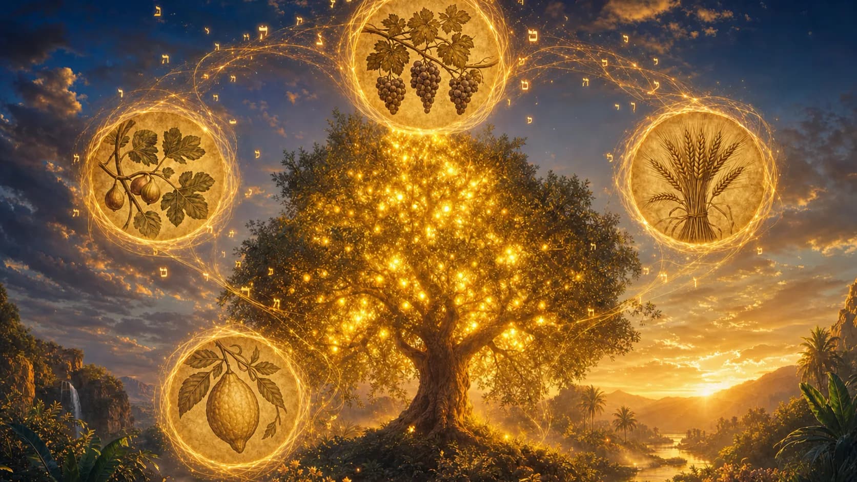 A great tree glowing with points of gold light stands in a lush garden at sunrise, ringed by four parchment medallions drawn with a fig branch, a cluster of grapes, a sheaf of wheat, and a citron.