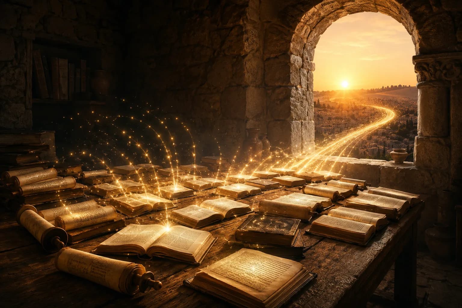 طاولةُ دراسةٍ قديمة تناثرت عليها كتبٌ مفتوحة ولفائف، تتصاعد من صفحاتها شراراتُ نور تنساب عبر قوسٍ حجريّ نحو القدس عند الشروق.