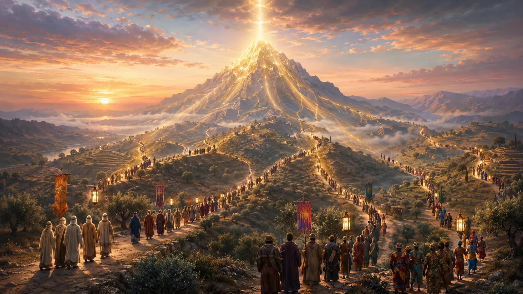 A shaft of light rises from a mountain at dawn. Many peoples in different dress climb its terraced paths from every direction, carrying lanterns and coloured banners.